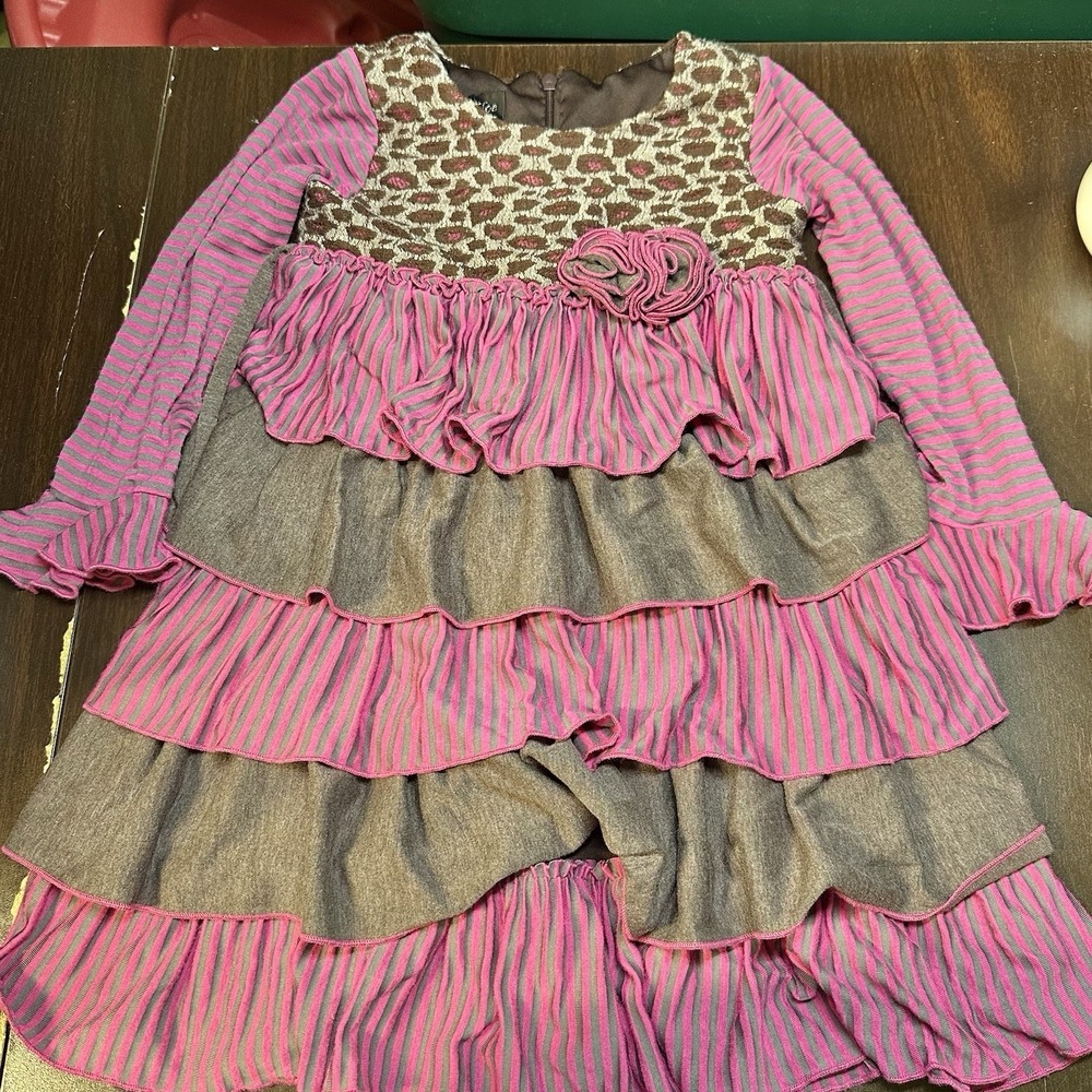 Isobella & Chloe Girls Sz 3T Leopard Striped Tiered Ruffle Dress Pink Brown Y2K